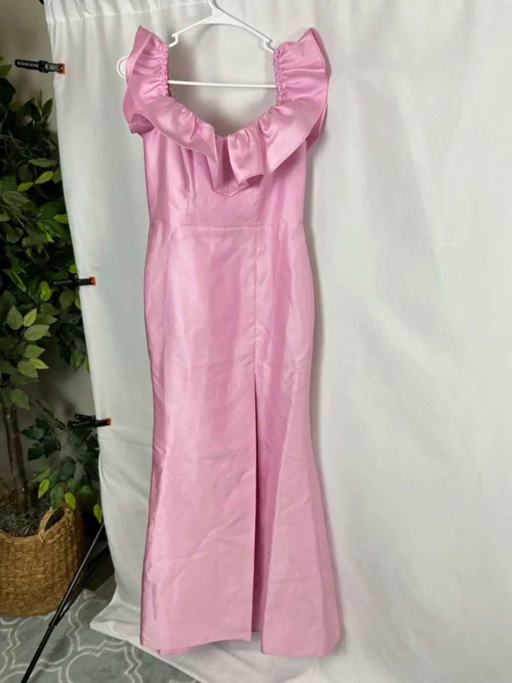 ALFRED SUNG Off-the-Shoulder Ruffle Satin Trumpet Gown in Powder Pink - Picture 2 of 6